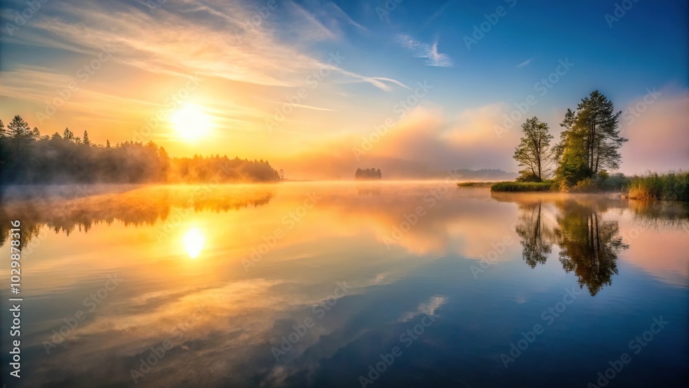 Tranquil lake with mist rising at sunrise Tranquil lake with mist rising at sunrise