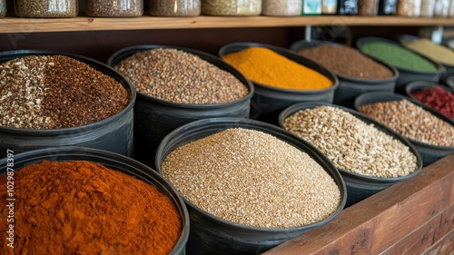Fototapeta Naklejka Na Ścianę i Meble -  Colorful spices and grains in containers at a market, vibrant and inviting display.