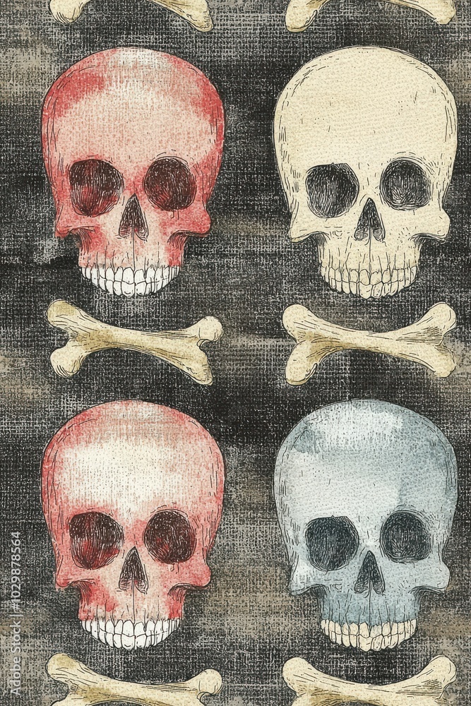 Colorful skulls and bones pattern on dark background Colorful skulls and bones pattern on dark background