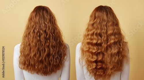 Gallery of curly hair treated with honey, showing before-and-after transformation, with focus on frizz reduction and curl enhancement, Hyper-Realistic, Soft Light