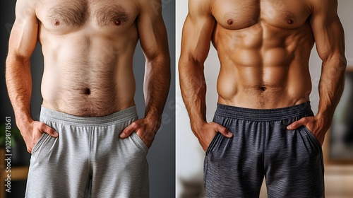 Emotional and physical transformation, showing a person's body before with excess weight and their fit, toned form after weight loss, highlighting joy and self-esteem