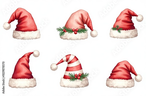 Large set of hand-drawn watercolor illustrations on the theme of Christmas. Watercolor christmas hats festive mood for stickers, decorations, design	