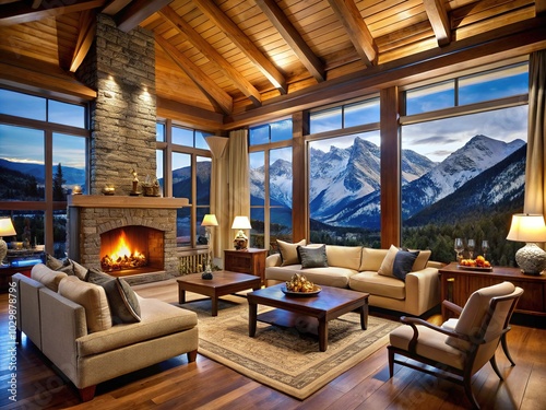 Luxury Chalet Living Room with Fireplace and Mountain View - Elegant Interior Design  Cozy Atmosphere  Upscale Decor