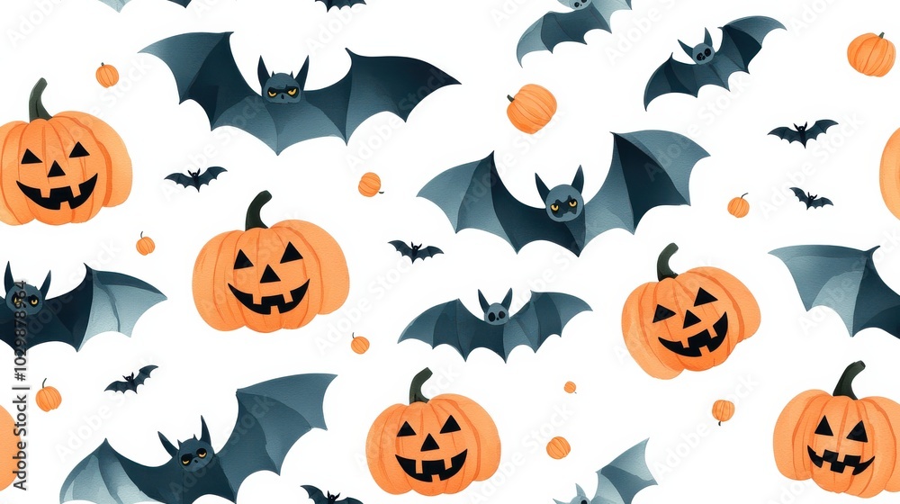 Fototapeta premium Halloween-themed bats and pumpkins on a white background.