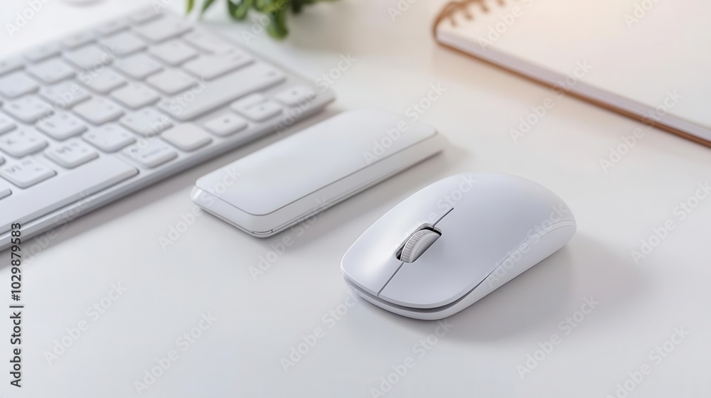 A minimalist wireless mouse and keyboard set on a sleek white desk Soft, natural light highlights the matte finish, with a plant and notebook subtly placed in the background