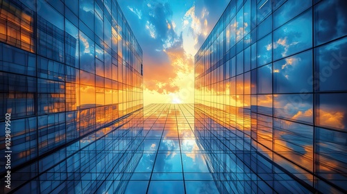 Glass buildings with window reflections set against a cloudy blue sky landscape.