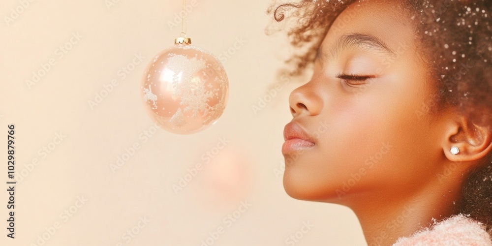 Naklejka premium Dreamy African American Girl at Christmas, Gazing at Glittering Ornament in Warm Festive Glow