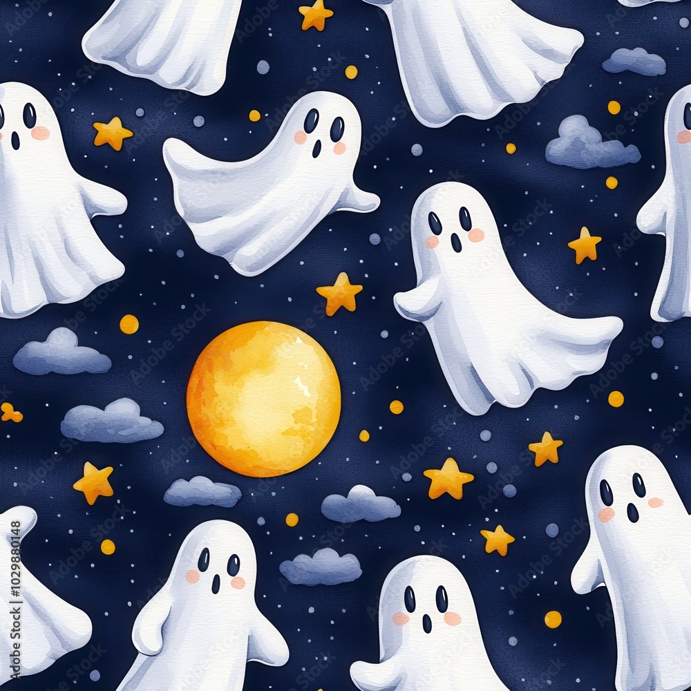 Playful ghost pattern with stars and moon on dark background. Playful ghost pattern with stars and moon on dark background.