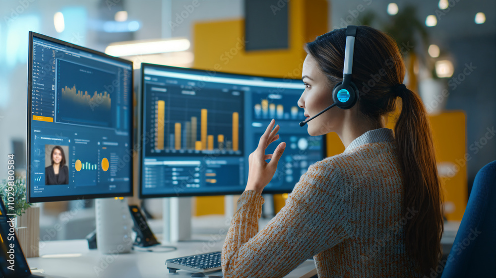 Portrait of a customer service operator working in a call center with a headset Portrait of a customer service operator working in a call center with a headset