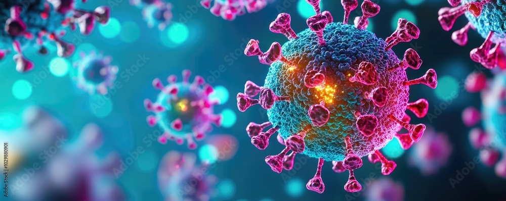 Colorful virus particles on a blurred background, illustrating infectious disease concept. Colorful virus particles on a blurred background, illustrating infectious disease concept.