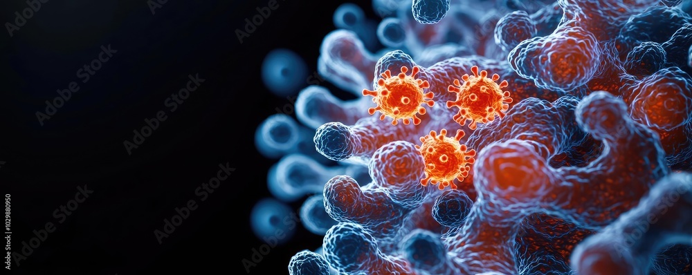 Obraz premium Close-up view of virus structure with glowing elements on a dark background.