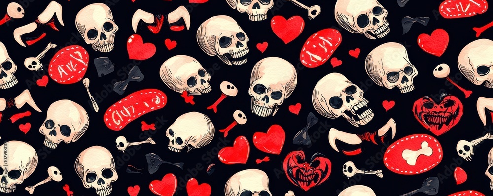 Skulls and hearts pattern on dark background, seamless design. Skulls and hearts pattern on dark background, seamless design.
