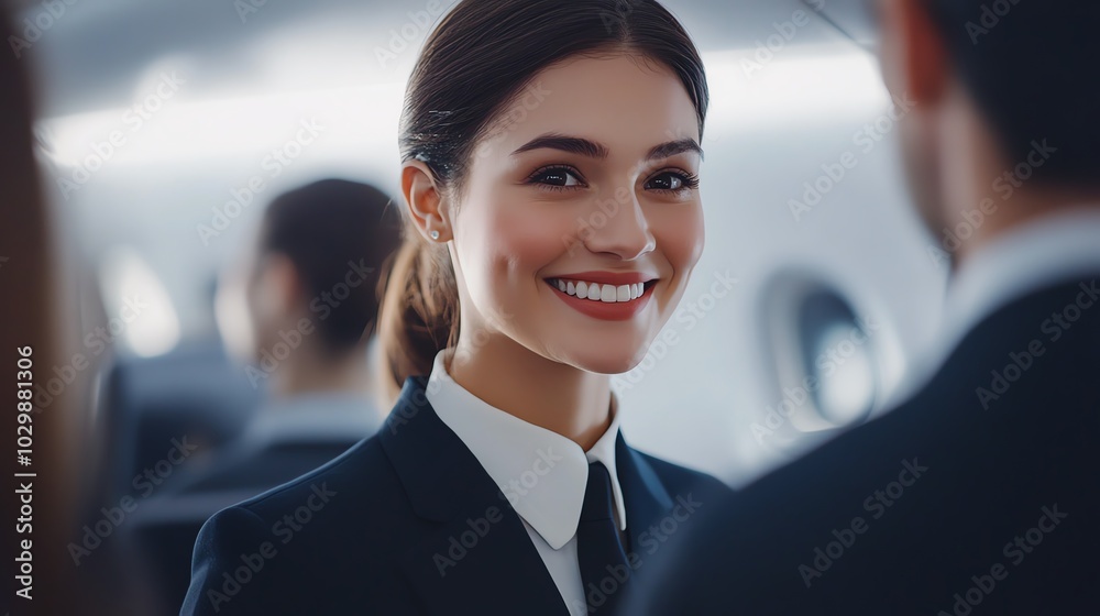 Smiling flight attendant in airplane cabin Smiling flight attendant in airplane cabin