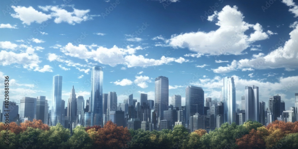 Fototapeta premium Futuristic Chrome Cityscape Blending with Autumn Trees under a Clear Blue Sky