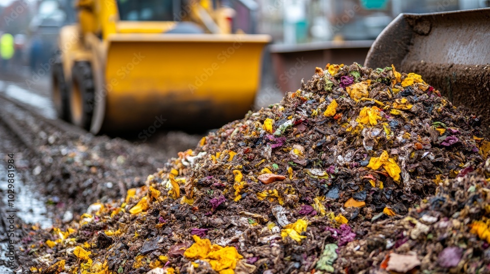 Naklejka premium Compost Heap with Yellow Loader in Background Recycling Sustainable Organic Waste Man