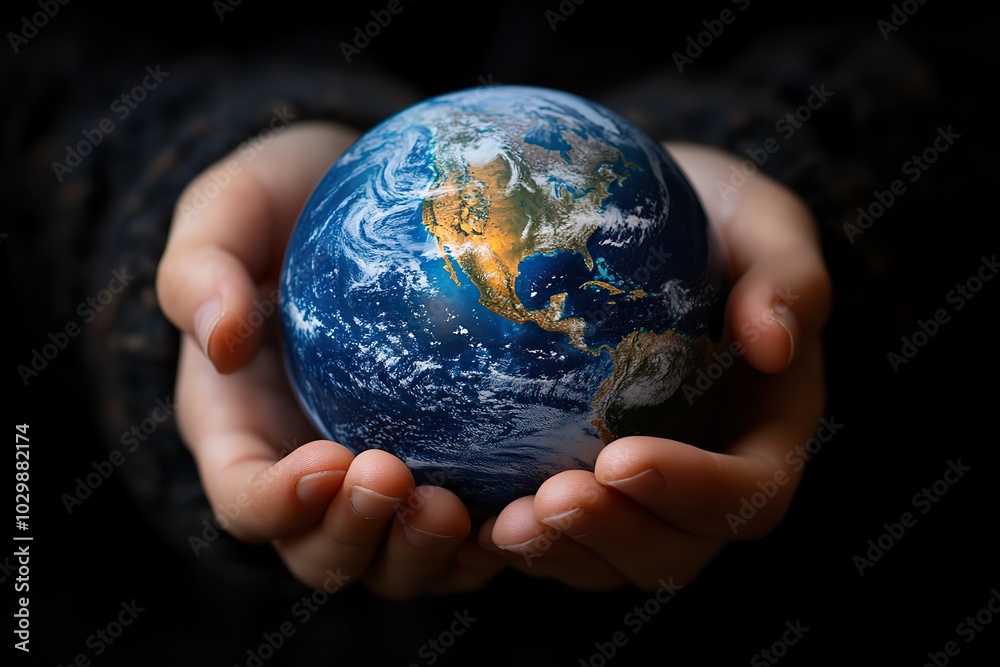 Hands hold a blue Earth globe, symbolizing an eco-friendly gesture and human responsibility for environmental protection.