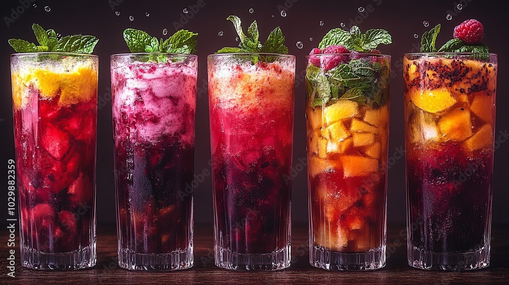 Colorful Layered Fruit and Vegetable Juices Display Colorful Layered Fruit and Vegetable Juices Display