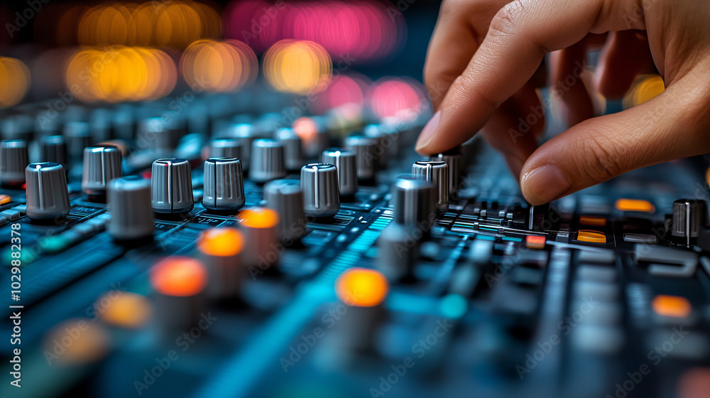 Adjusting sound levels on professional audio mixer creates vibrant atmosphere Adjusting sound levels on professional audio mixer creates vibrant atmosphere