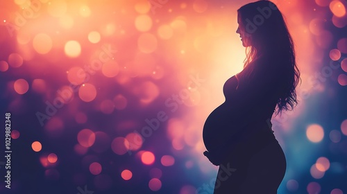 Pregnant Woman Silhouette with Bokeh Lights Motherhood Pregnancy Hope New Life Expec photo