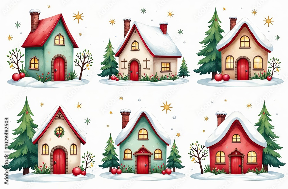 Fototapeta premium Large set of hand-drawn watercolor illustrations on the theme of Christmas. Cozy Christmas houses. Stars, snowflakes, spruce and branches, festive mood for stickers, decorations, design