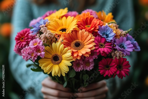 Hands present a bouquet of colorful flowers for Mother's Day, celebrating with joy and appreciation.