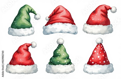 Large set of hand-drawn watercolor illustrations on the theme of Christmas. Watercolor christmas hats festive mood for stickers, decorations, design	
