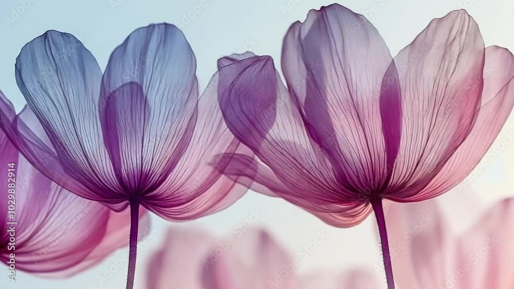 Close-up of delicate, translucent purple flowers in bloom, emphasizing the intricate details of the petals.