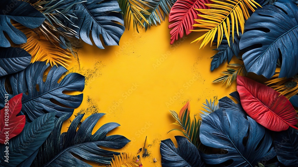 Hello August' is written on a yellow background adorned with colorful tropical leaves and blue waves. Hello August' is written on a yellow background adorned with colorful tropical leaves and blue waves.