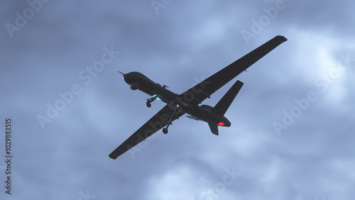 Obraz na płótnie Army drone flying in dark sky . Unmanned combat aerial vehicle.