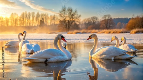Fototapeta Naklejka Na Ścianę i Meble -  Several white and wild swans resting on an ice covered lake, sun warming wings and feathers, low angle
