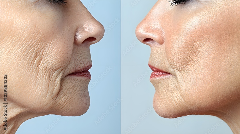 Obraz premium Before-and-after blog showcasing wrinkle reduction around the mouth area with various treatments, from fine lines to deep creases, High-Resolution, Realistic, Soft Lighting