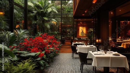 Imagine a romantic dinner scene in a high-end Brazilian restaurant with a nocturnal ambiance.
