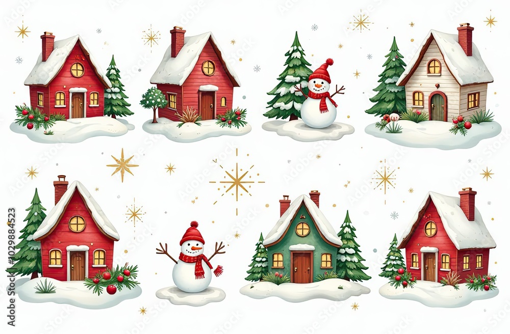Fototapeta premium Large set of hand-drawn watercolor illustrations on the theme of Christmas. Cozy Christmas houses. Stars, snowflakes, spruce and branches, festive mood for stickers, decorations, design