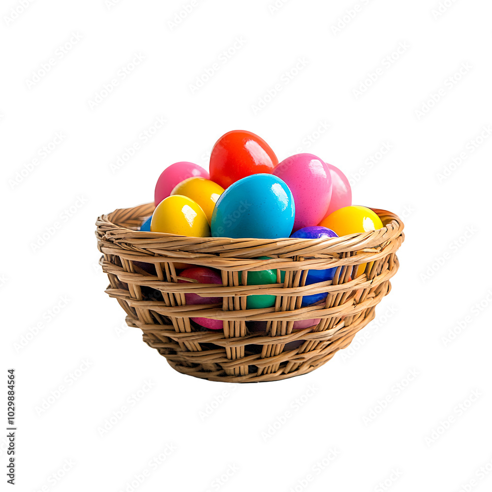 Colorful eggs in woven basket create festive atmosphere Colorful eggs in woven basket create festive atmosphere