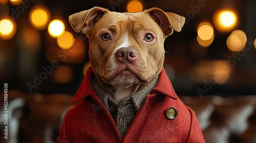 In a red suit, a pit bull embodies the confidence and authority of a business leader.