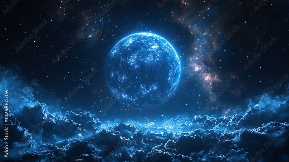 In deep space, a planet and star clusters shine brightly amidst glittering nebulas. In deep space, a planet and star clusters shine brightly amidst glittering nebulas.