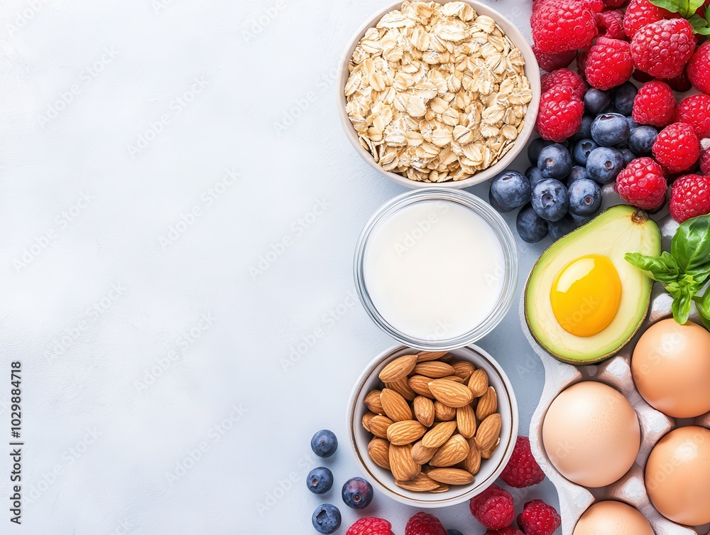 Colorful arrangement of healthy foods, including fruits, nuts, and dairy, ideal for meal prep and nutrition-focused projects. Colorful arrangement of healthy foods, including fruits, nuts, and dairy, ideal for meal prep and nutrition-focused projects.