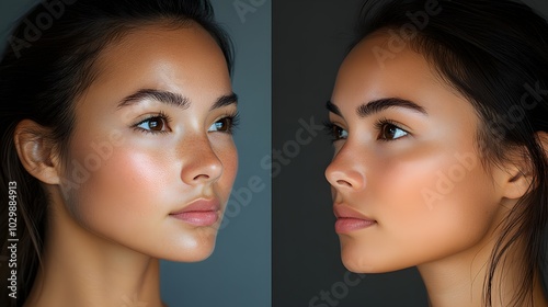 Before-and-after rhinoplasty comparison, highlighting changes in the nose's tip, bridge, and overall contour, focusing on improved symmetry and refined aesthetics