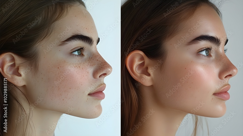 Rhinoplasty transformation, featuring a side-by-side comparison of the patient's nose, focusing on the reshaped bridge and nostrils, highlighting symmetry improvements Rhinoplasty transformation, featuring a side-by-side comparison of the patient's nose, focusing on the reshaped bridge and nostrils, highlighting symmetry improvements