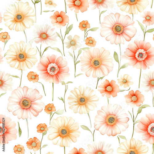 Soft pinks and oranges create delicate floral pattern featuring gerberas and smaller flowers, evoking sense of tranquility and warmth. Perfect for various design projects