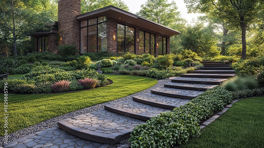 Obraz premium Landscape design featuring evergreen shrubs.