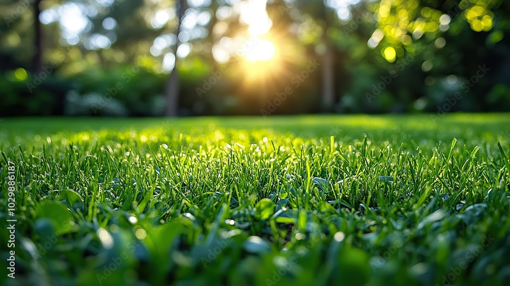 Lush fresh green lawn grass basks in sunlight. Lush fresh green lawn grass basks in sunlight.