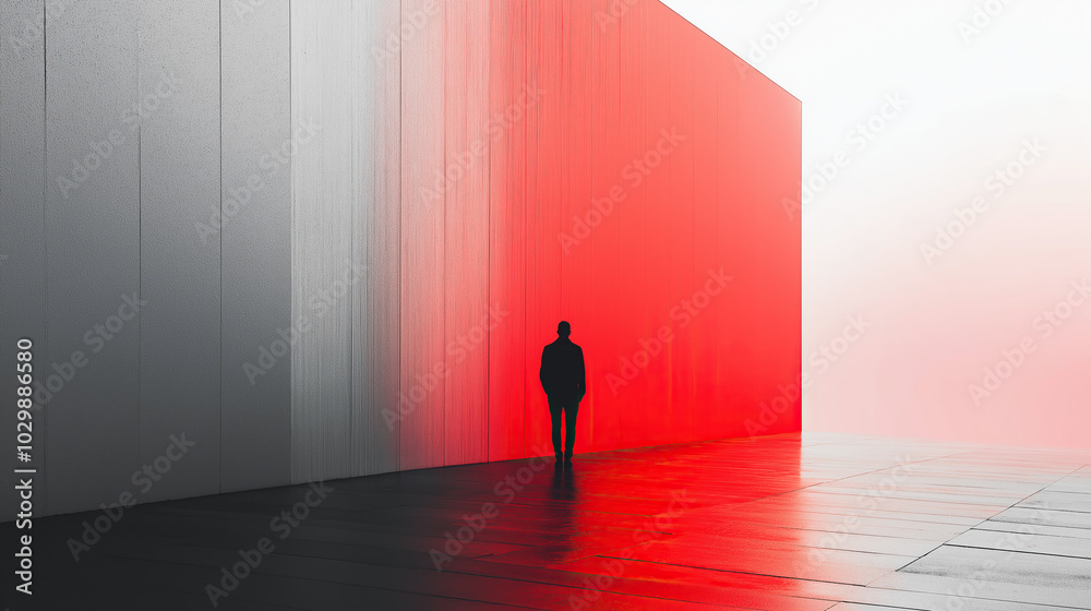 A minimalist, white and red light wall installation with a person standing in front of it, featuring foggy, volumetric lighting A minimalist, white and red light wall installation with a person standing in front of it, featuring foggy, volumetric lighting