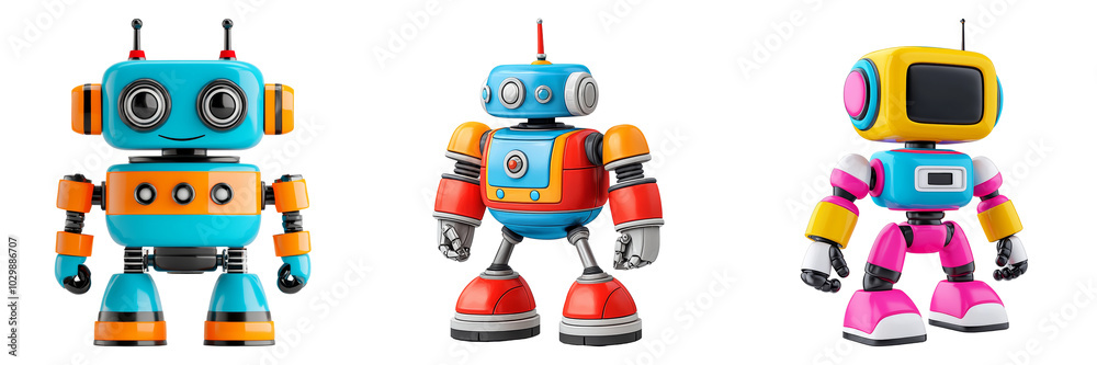 Colorful Robot Characters on Transparent Background