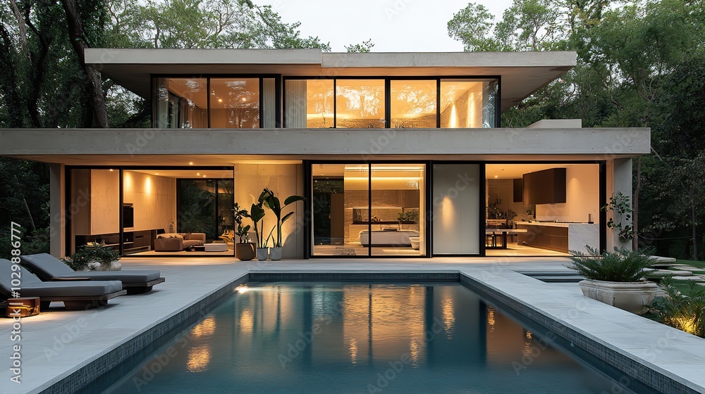 Modernist architecture showcasing a concrete house with a pool, embodying minimalist design and luxury living. Modernist architecture showcasing a concrete house with a pool, embodying minimalist design and luxury living.