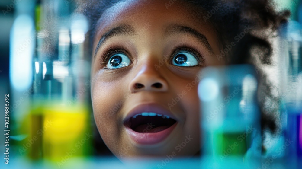 A young girl with wide eyes looks at beakers of colorful liquid in a laboratory. A young girl with wide eyes looks at beakers of colorful liquid in a laboratory.