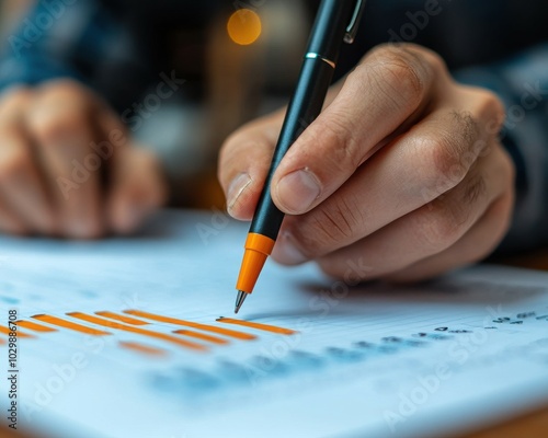 A close-up of a person writing on a document with an orange pen, showcasing attention to detail and organization in work.