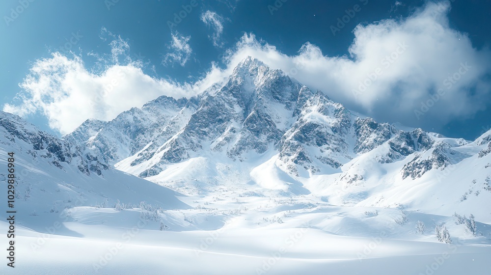 Obraz premium Mountain landscape with white snow and a blue sky.