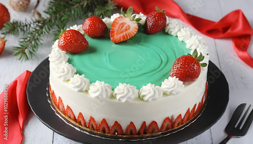 Delicious layered cake with fresh strawberries and mint green frosting on a festive table