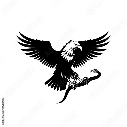 An eagle is flying with a snake in its claws.